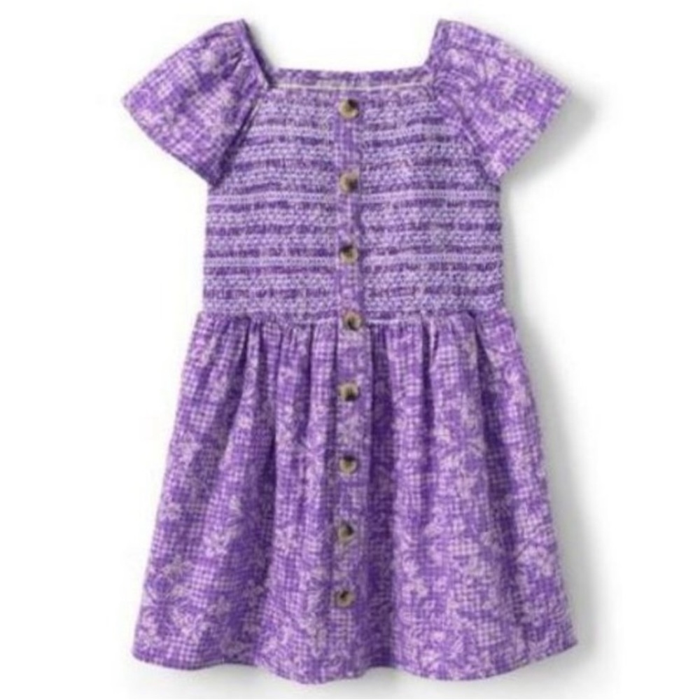 LANDS' END Girls Smocked Short Sleeve Purple Plaid and Floral Sundress